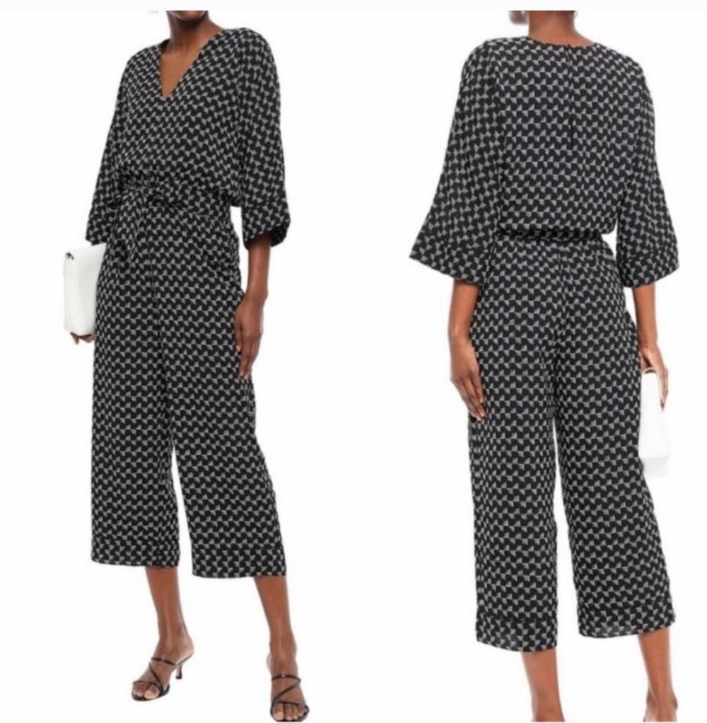 Joie Burgess Geo Print Bell Sleeve Jumpsuit Women's Small Caviar Keyhole